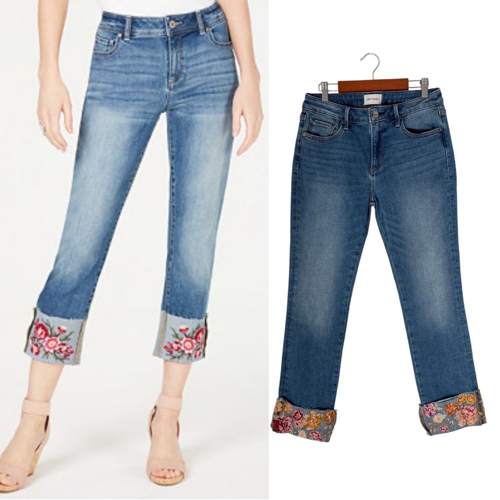 DRIFTWOOD Colette Embroidered Boho Flower Cuff Cropped Jeans 27 Blue Denim